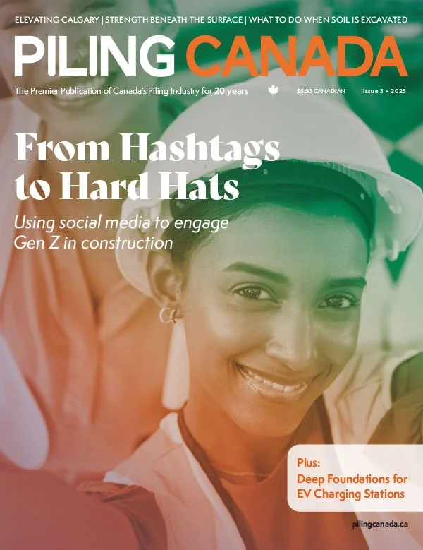 Cover of Piling Canada magazine featuring a smiling woman wearing a hard hat and safety vest, with headlines about soil excavation, social media engagement, and electric vehicle charging stations.