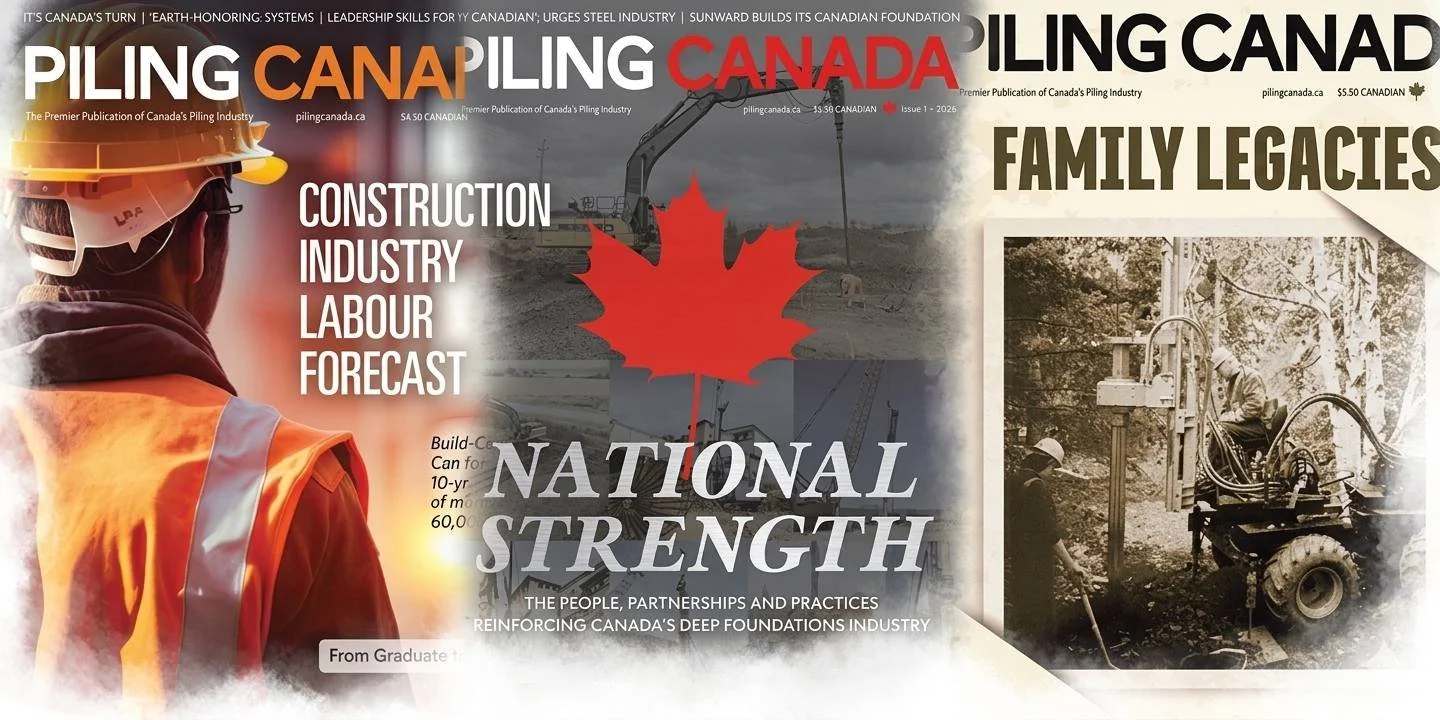Cover of Canada Piling magazine featuring construction industry themes, a worker in safety gear with a hard hat and high-visibility vest, a construction site with machinery, and a large Canadian maple leaf graphic. Headlines include 'Construction Industry Labour Forecast,' 'National Strength,' and 'Family Legacies.'