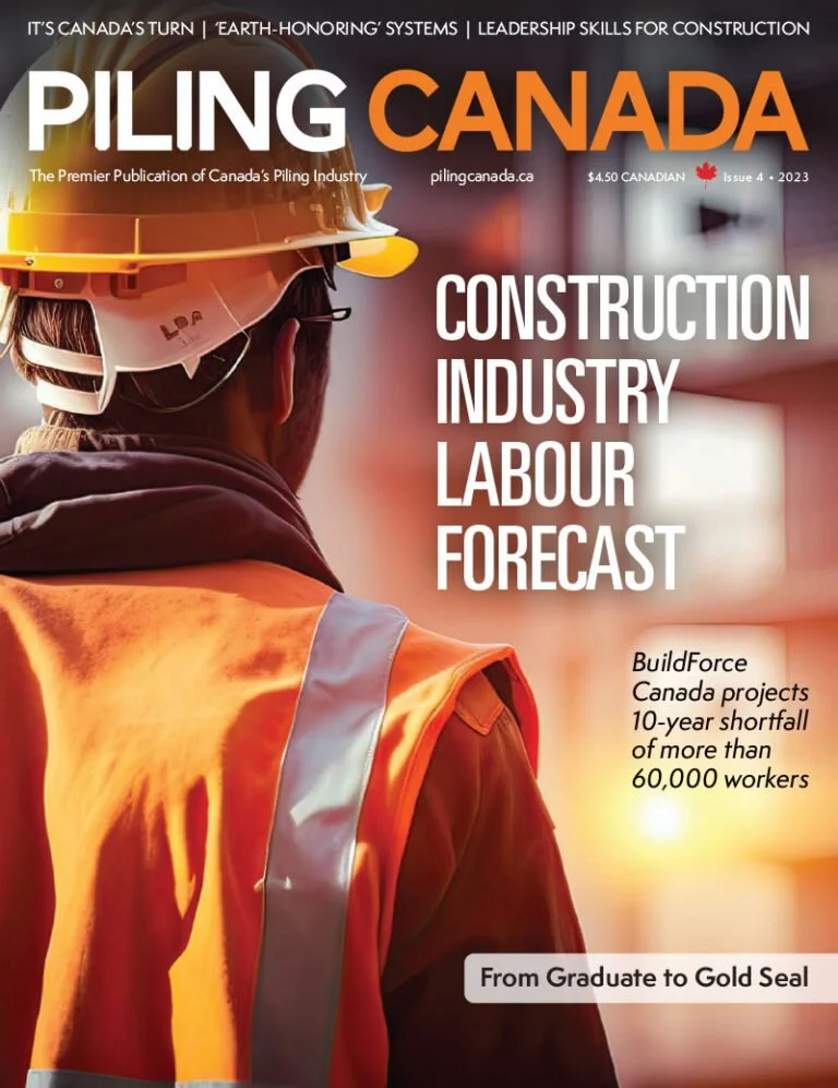 Cover of Piling Canada magazine featuring a construction worker wearing a yellow hard hat and orange safety vest, with text about Canada's construction workforce forecast.