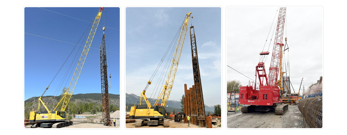 Three construction site scenes with cranes. The first has a yellow crane lifting a steel structure; the second features a yellow crane assembling vertical steel plates; the third shows a red and yellow crane working on a project with large pipes nearby.
