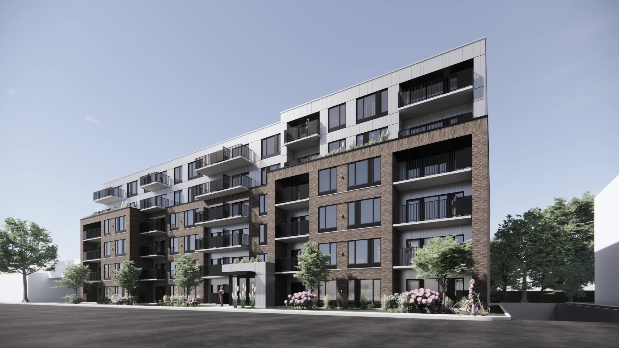 Un bâtiment résidentiel moderne avec plusieurs étages, balcons, et fenêtres, entouré d'arbres et d'une zone piétonne.