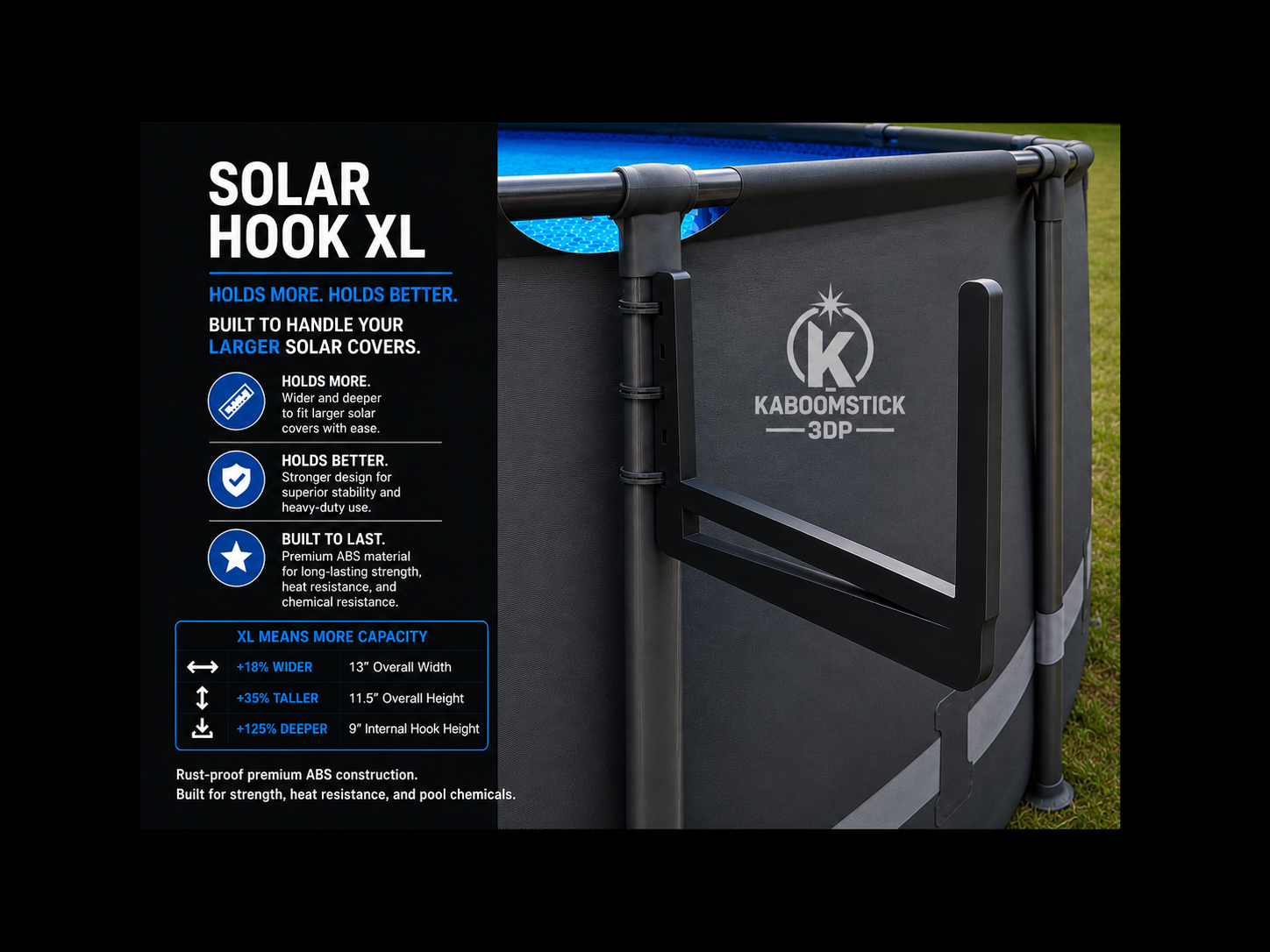 Solar Hook XL installed on an above-ground pool showing the rust-proof premium ABS hook supporting a large rolled solar cover. Compatible with Intex, Coleman, and Bestway pools.