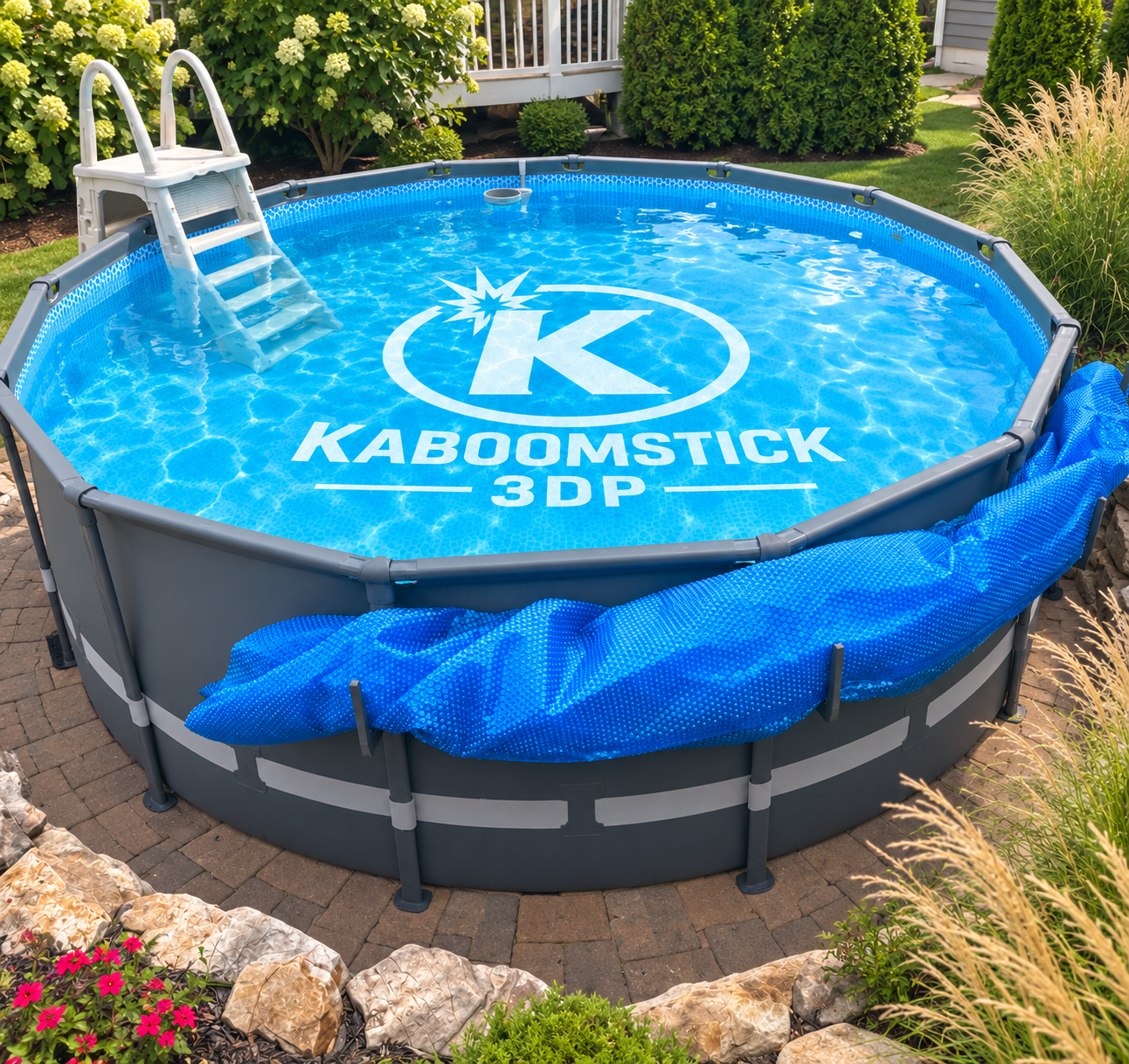Solar Cover Hook V2™ system holding a folded blue solar cover around a framed above-ground pool, with Kaboomstick 3DP branding and clean no-drill poolside installation.