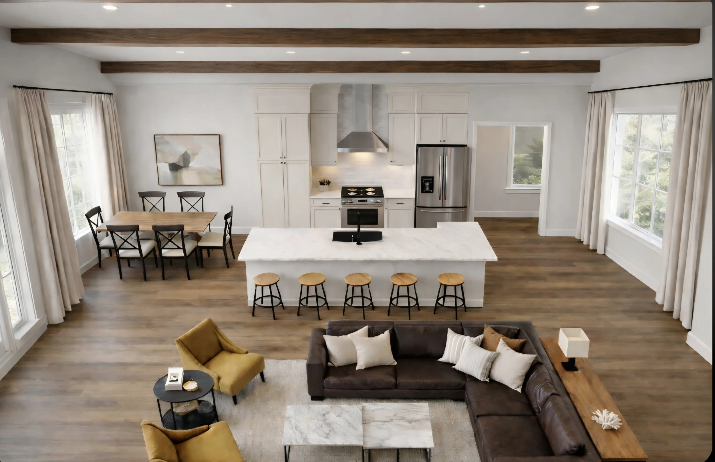 Living room with open kitchen, dining area, and seating space, featuring wood beams on ceiling, large windows with curtains, white walls, wooden flooring, and modern furniture.