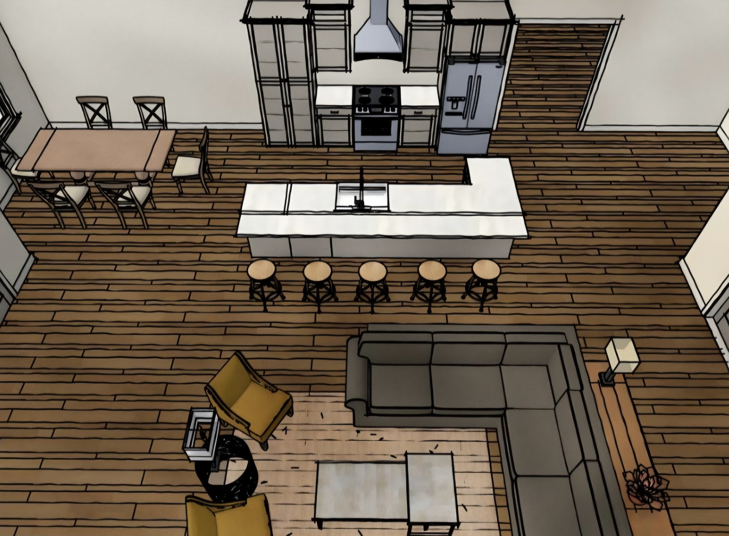 Illustration of a kitchen and dining area with wooden flooring, a dining table with five chairs, kitchen cabinets, a refrigerator, a stove, kitchen island with a sink, four barstools, and other small furniture and decorative items.