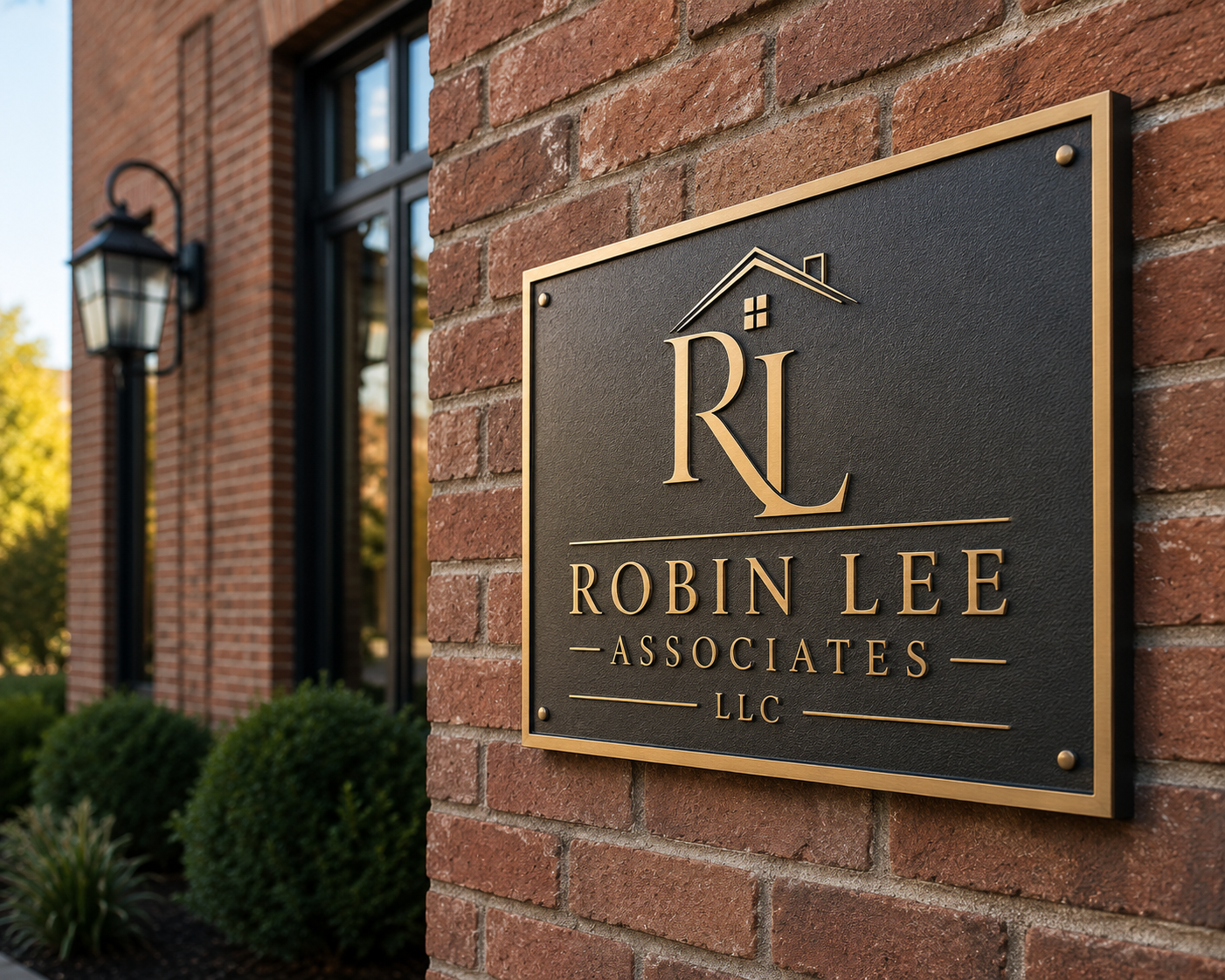 Sign on brick building for Robin Lee Associates LLC with a house logo.