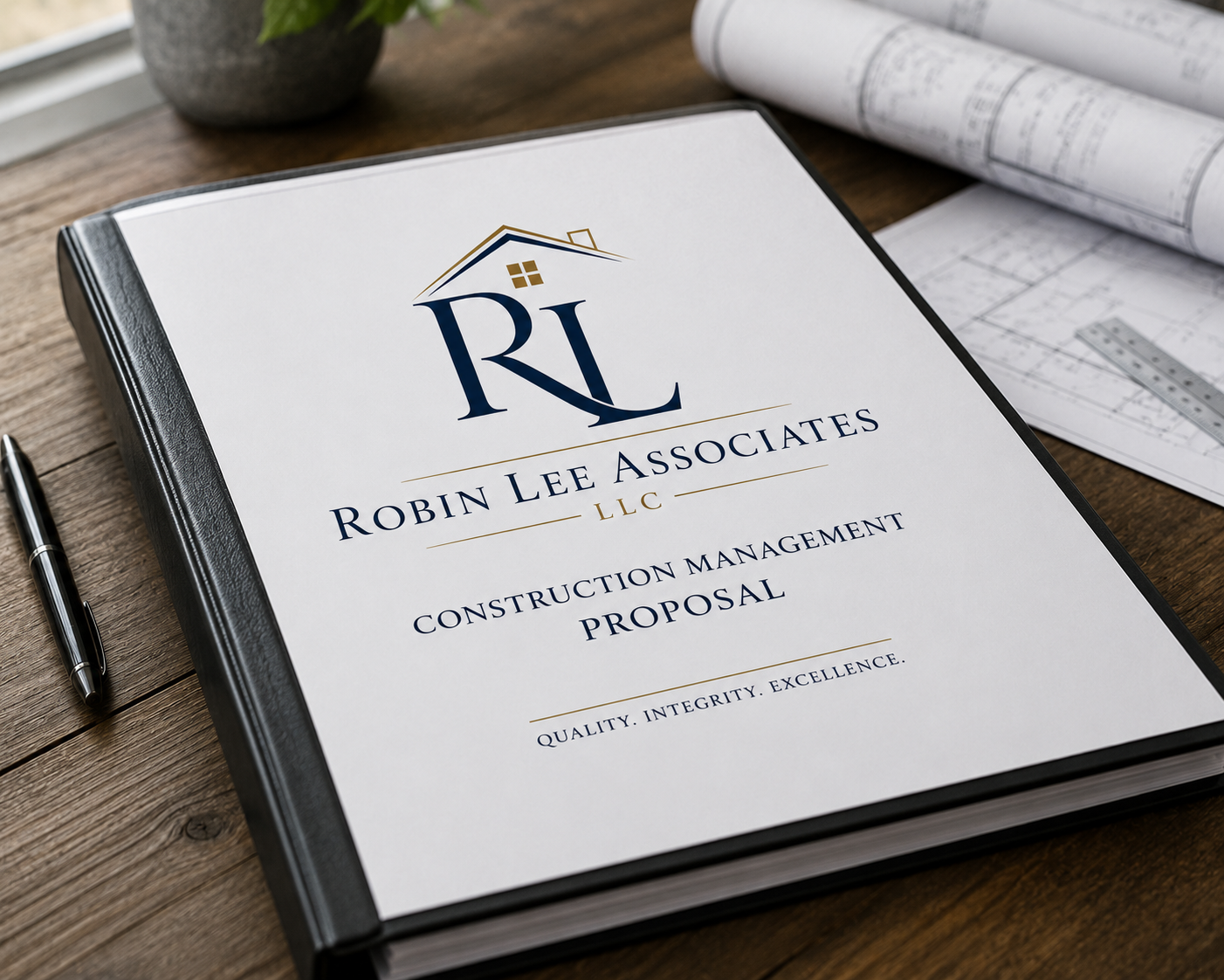 A proposal document for Robin Lee Associates LLC construction management with printed architectural plans on a wooden table.