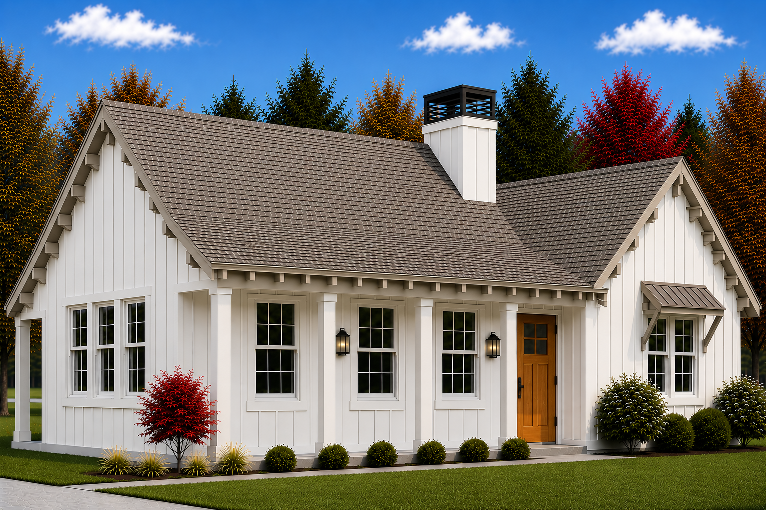 A white house with a gabled roof, black chimney, and front porch, surrounded by trees and landscaped yard with bushes and grass.