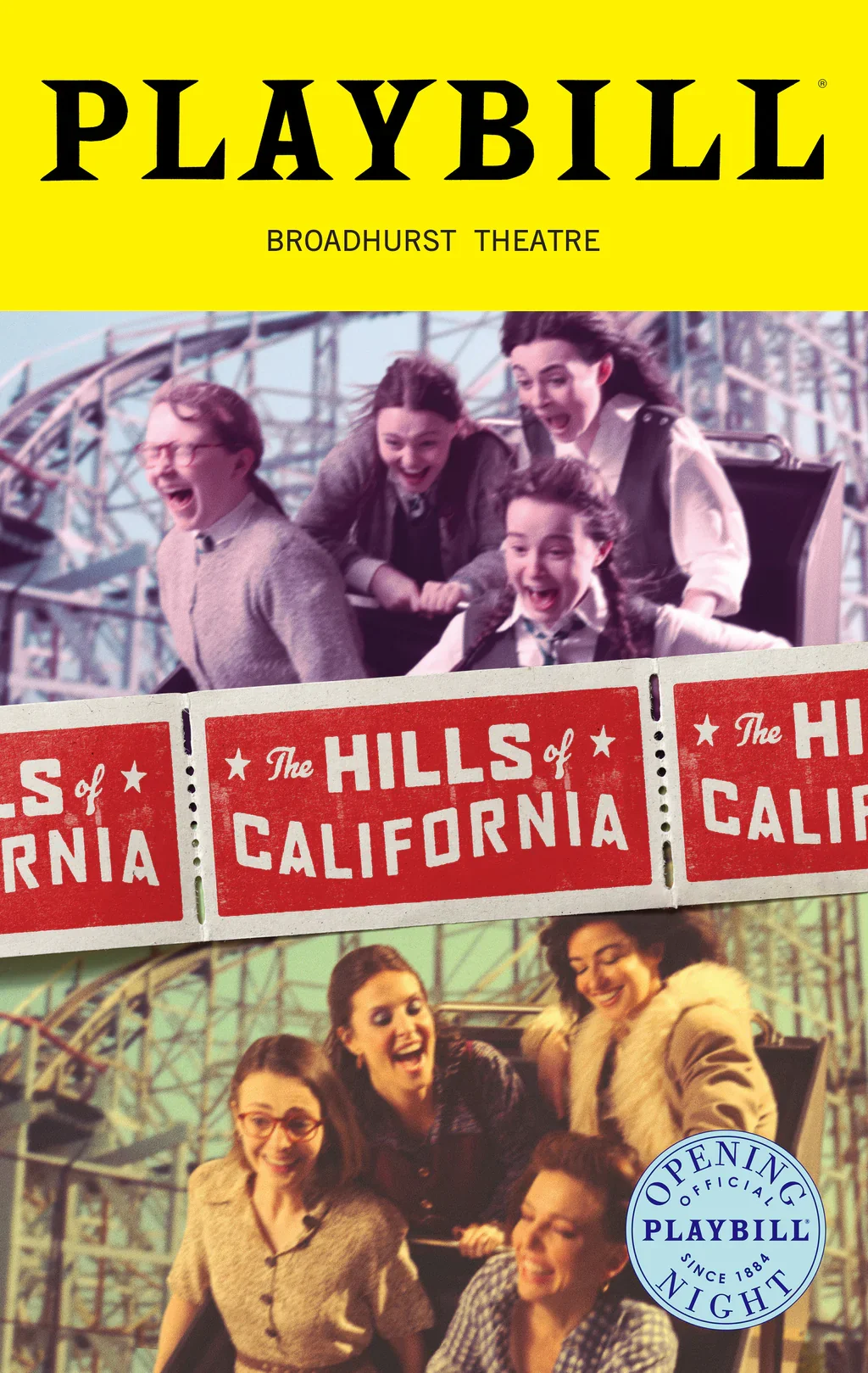 Playbill cover for the Broadway show 'The Hills of California' featuring children and women enjoying a ride on a roller coaster, which Rebekah Bruce associate music directed.