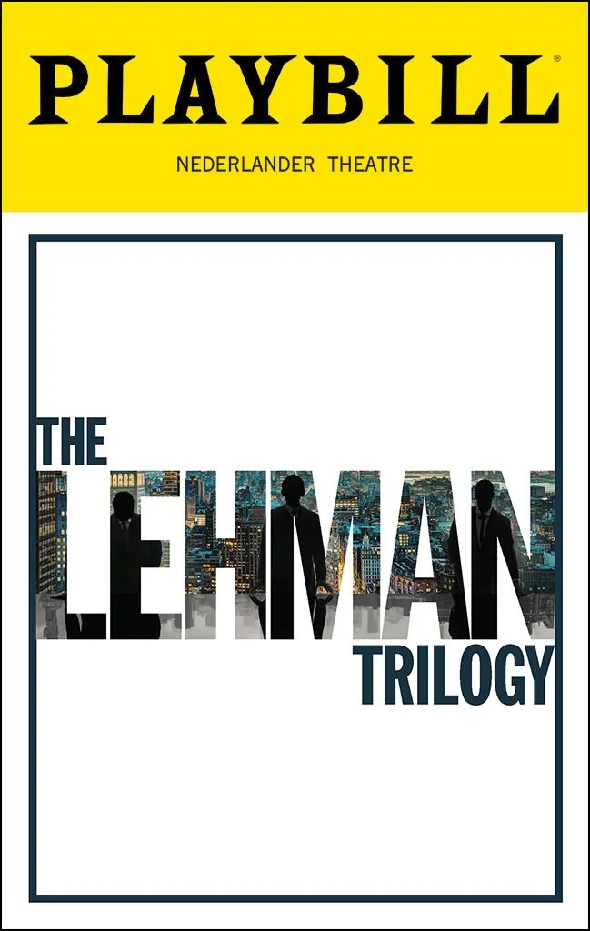 Playbill cover for the Nederlander Theatre featuring the Broadway play 'The Lehman Trilogy' with silhouettes of men in front of a city skyline, for which Rebekah Bruce was a pianist.
