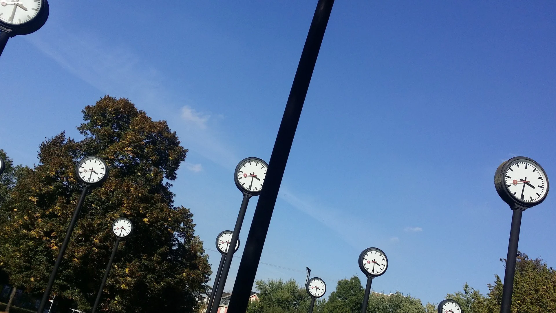 Public art installation of clocks on black posts