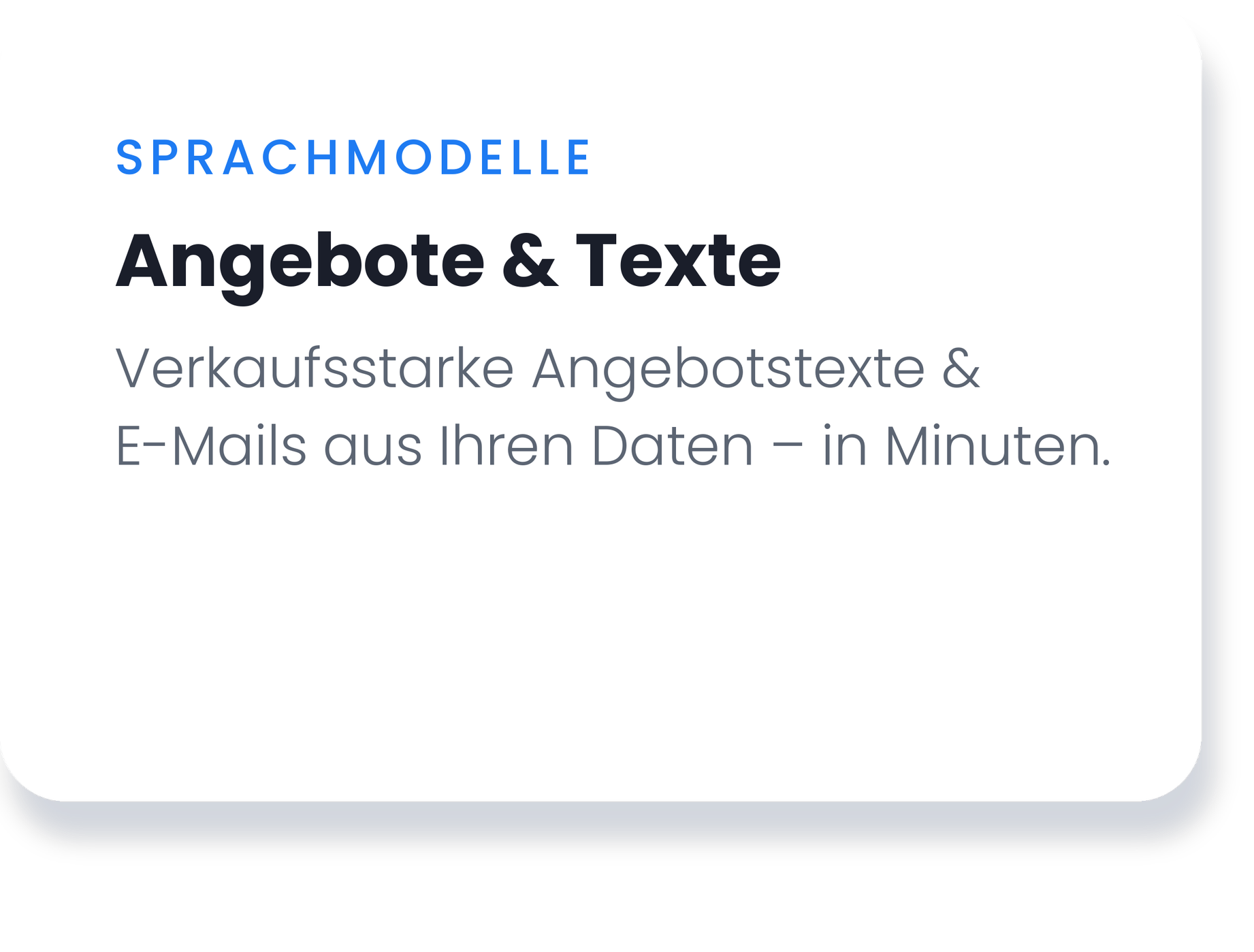 Ein Bildschirm zeigt den Titel 'Sprachmodelle Angebote & Texte' mit der Beschreibung, dass Verkaufstexte und E-Mails aus Daten in Minuten erstellt werden können.