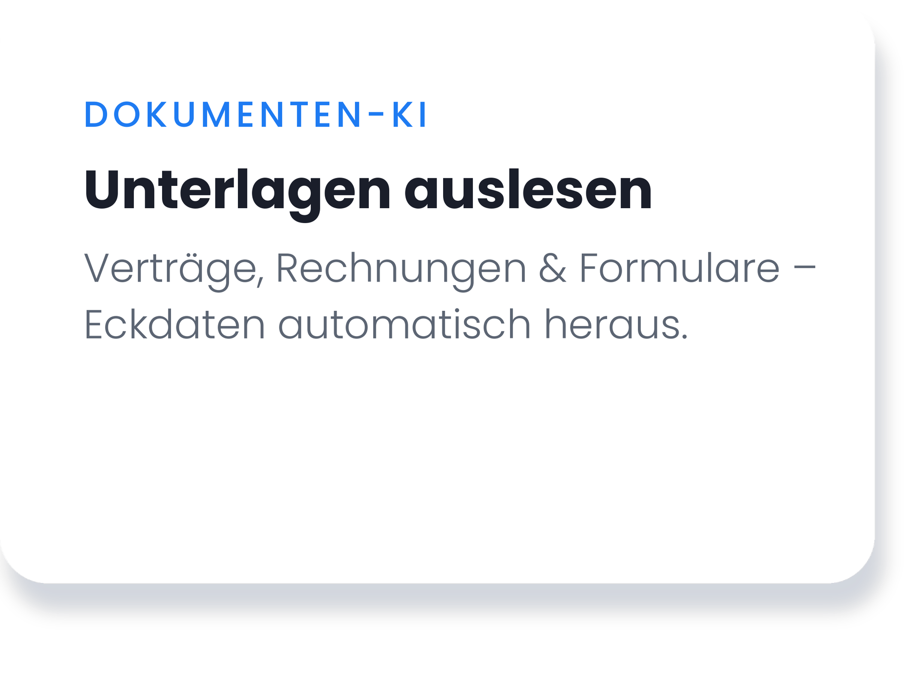 Screenshot einer Webseite mit dem Titel 'DOKUMENTEN-KI Unterlagen auslesen' und einer Beschreibung, die besagt, dass Verträge, Rechnungen und Formulare automatisch ausgelesen werden.