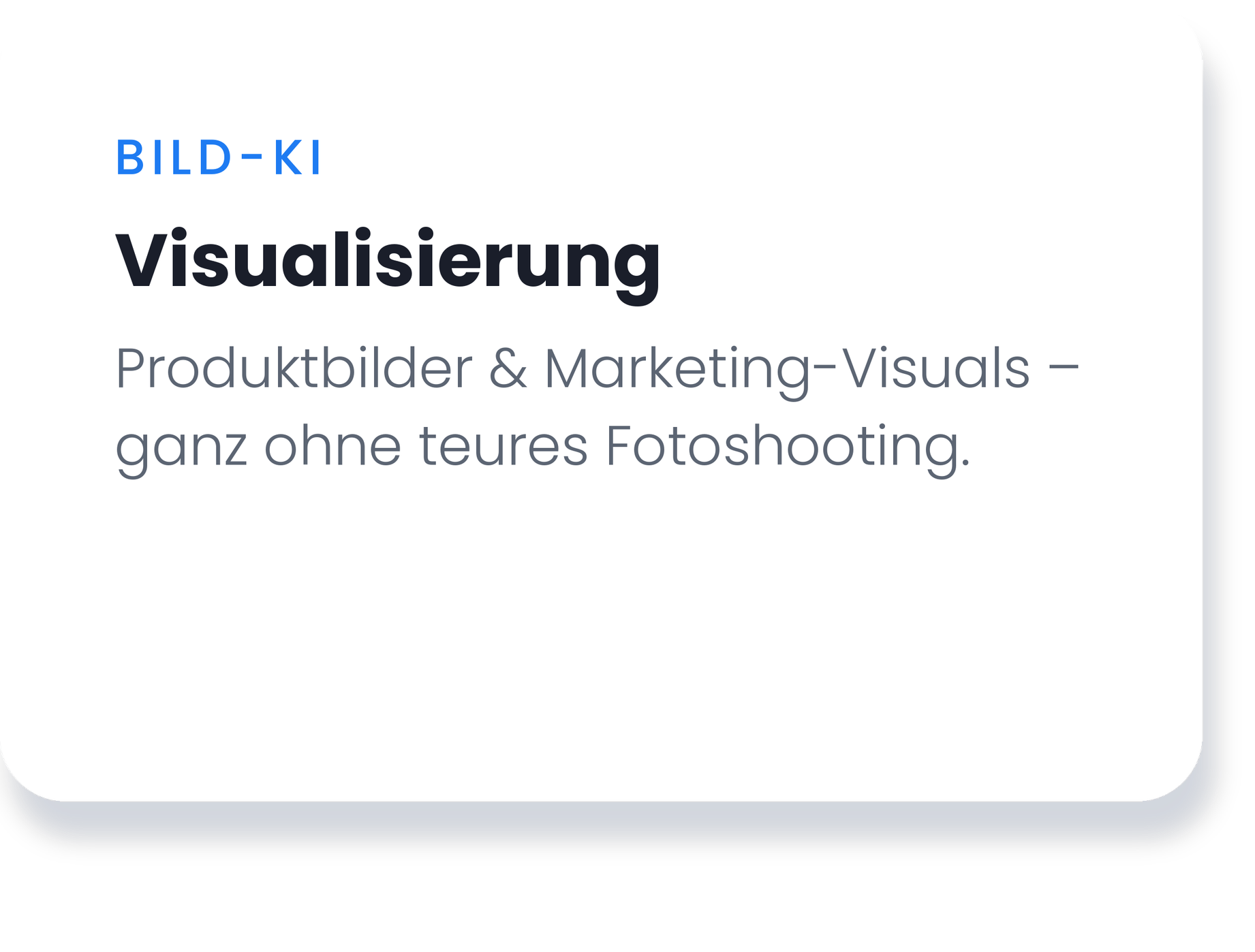 Ein digitaler Präsentationsschirm zeigt eine Folie mit dem Titel 'BILD-KI Visualisierung' und einem Untertitel in Deutsch, der besagt, dass Produktbilder und Marketing-Visuals ohne teures Fotoshooting erstellt werden können.