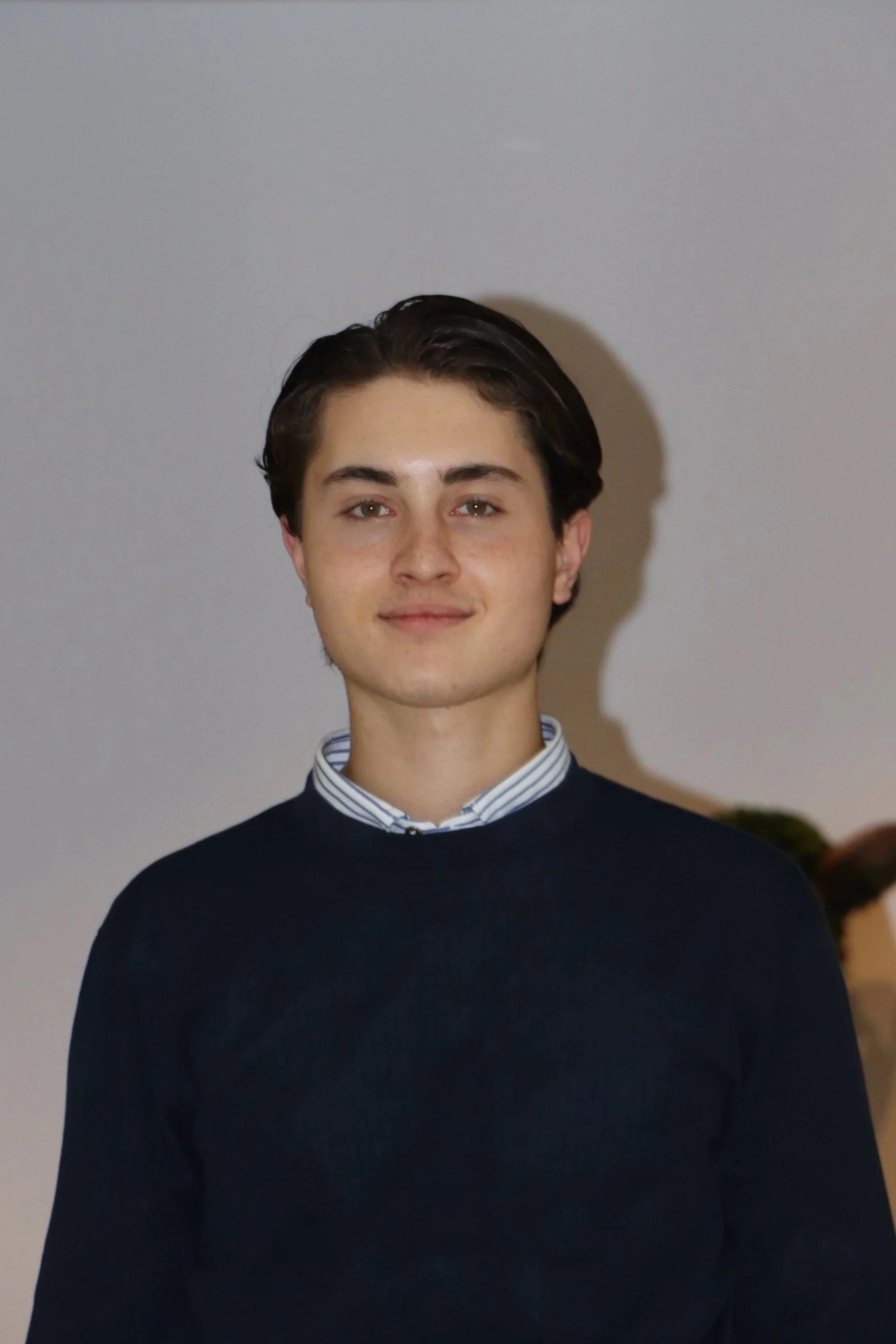 Porträt eines jungen Mannes mit dunklem, gepflegtem Haar, trägt ein dunkles Pullover und ein weiß-blau gestreiftes Hemd. Steht vor einer hellgrauen Wand.