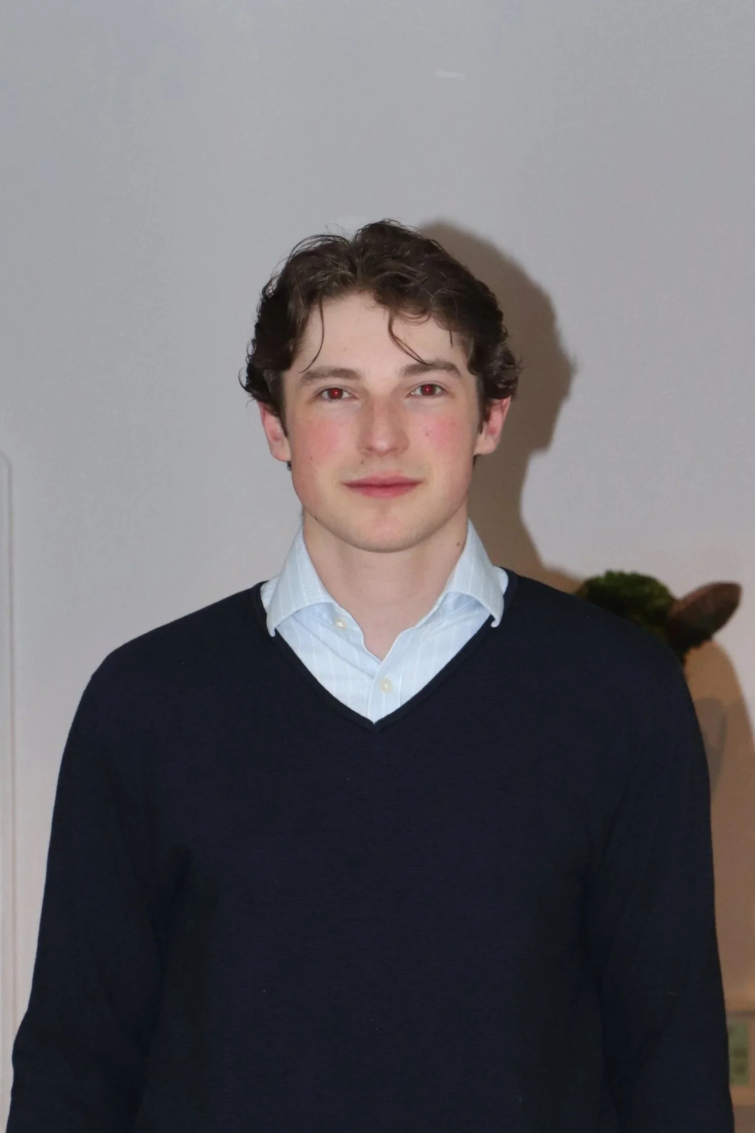 Ein junger Mann mit braunen, lockigen Haaren trägt ein hellblaues Hemd und einen dunkelblauen Pullover, steht vor einem weißen Hintergrund, lächelt leicht.