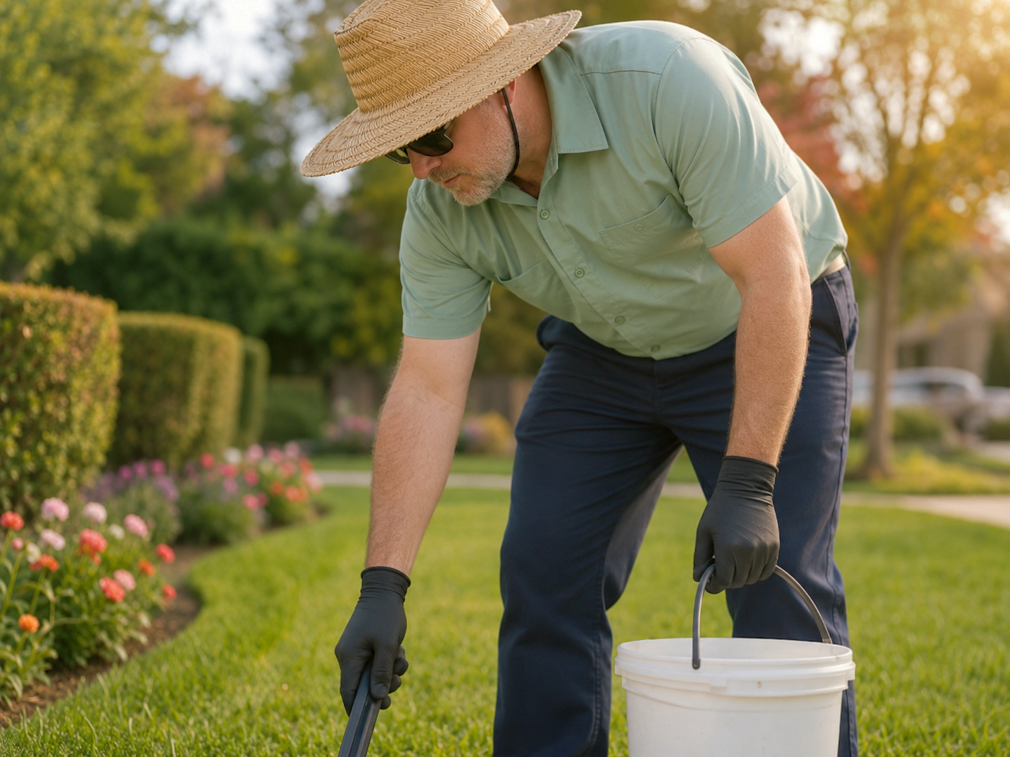 CaliPet technician performing yard cleanup service in the Conejo Valley.