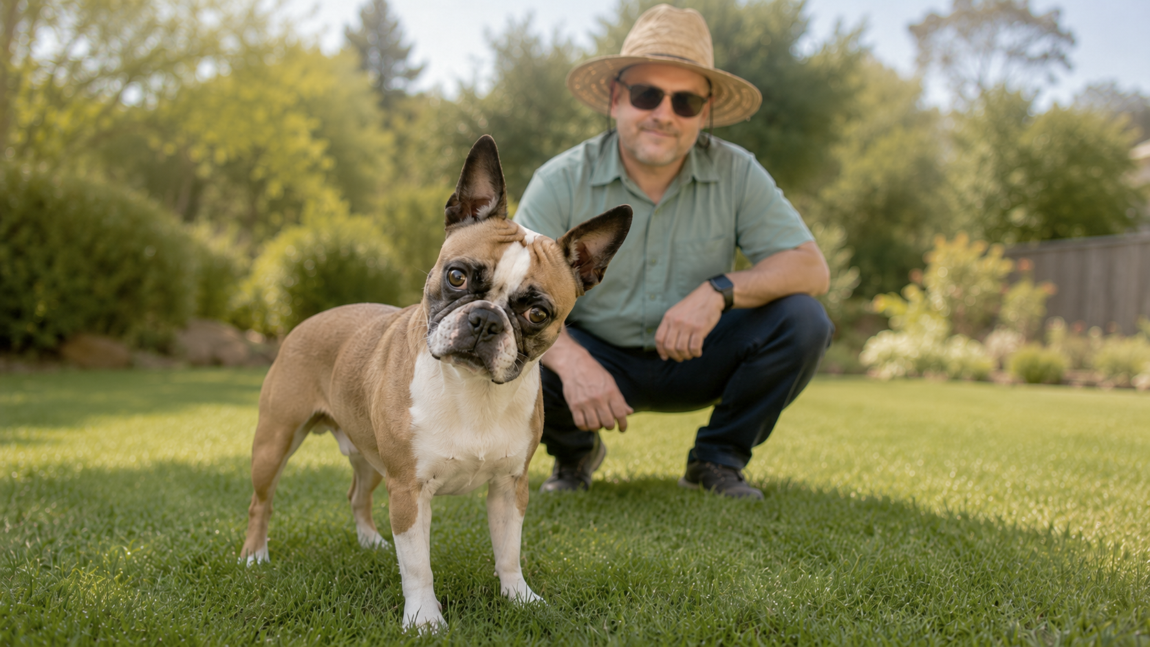 Paul, owner of CaliPet, with a client's dog in a freshly cleaned yard in the Conejo Valley.