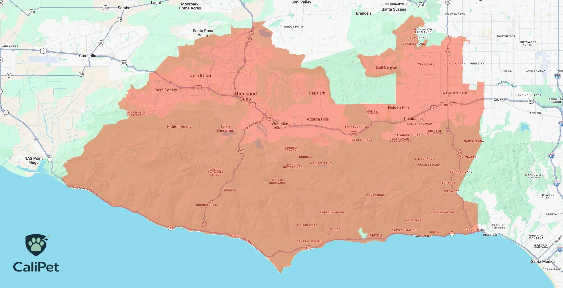Map of CaliPet's service area across the Conejo Valley and surrounding areas, including Thousand Oaks, Malibu, Calabasas, and Woodland Hills.