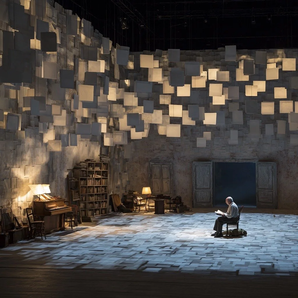 Theatre stage set with suspended paper panels and piano