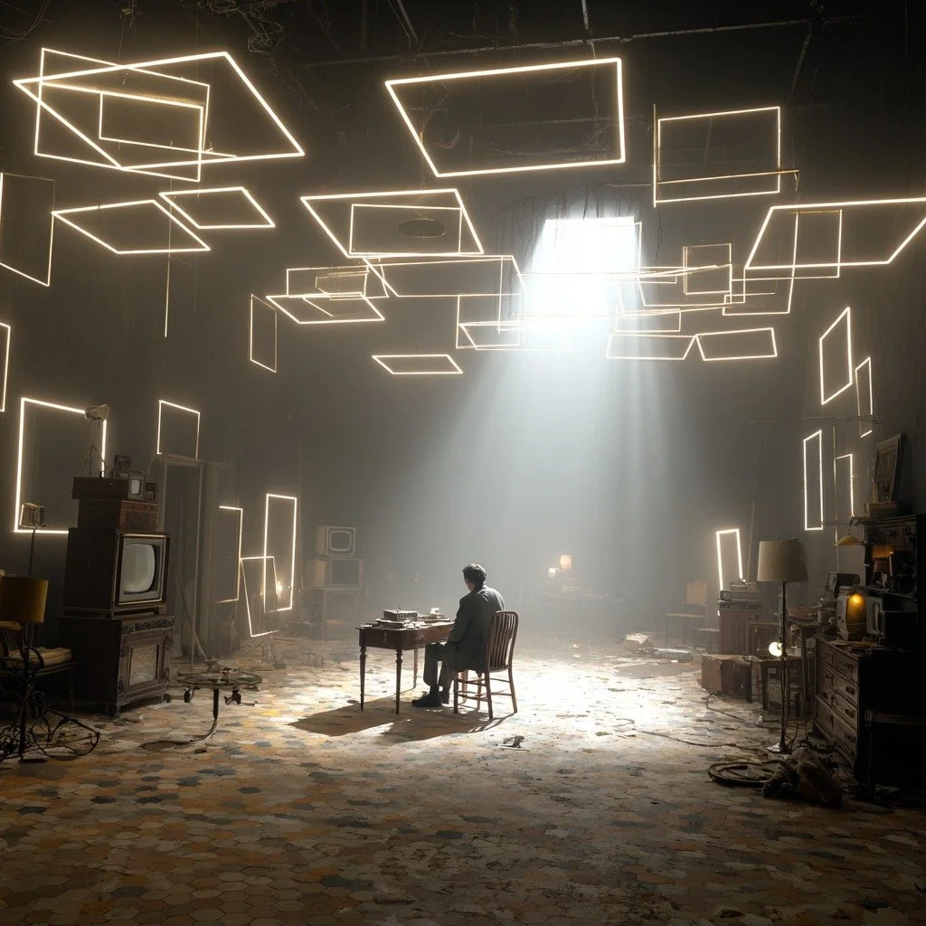 Stage set with suspended light frames and seated figure at a desk