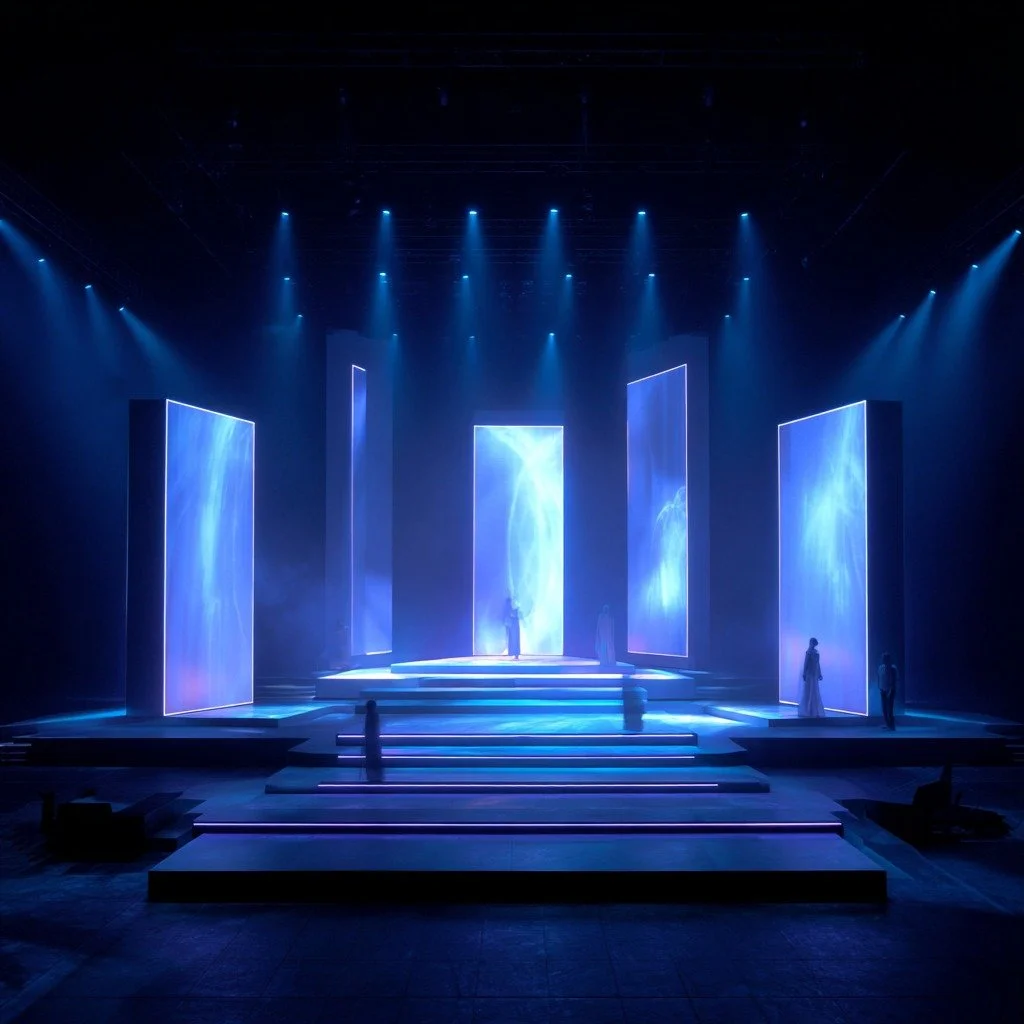 Blue stage set with illuminated panels for theatre and opera production