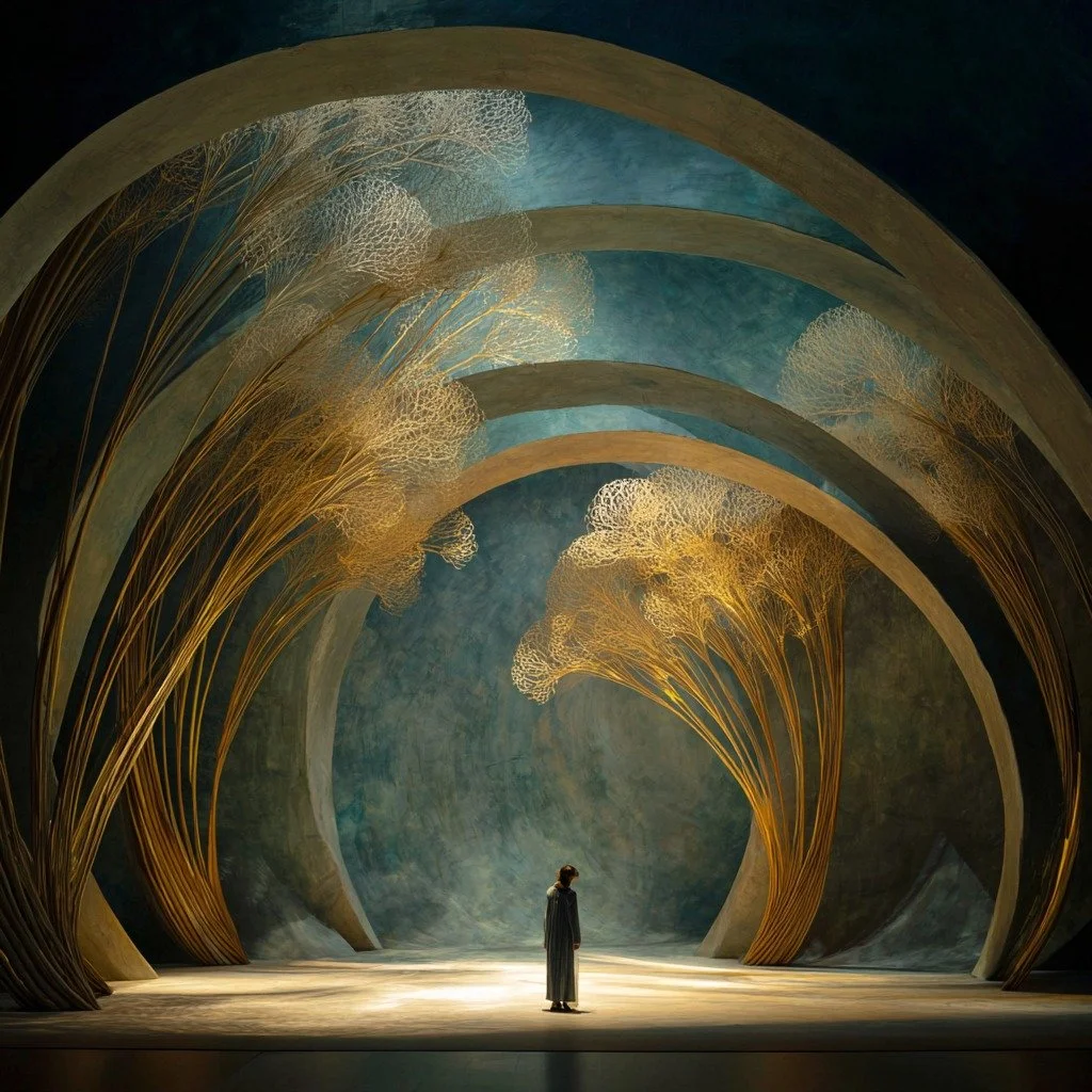 Arched stage set in gold and blue for theatre and opera development
