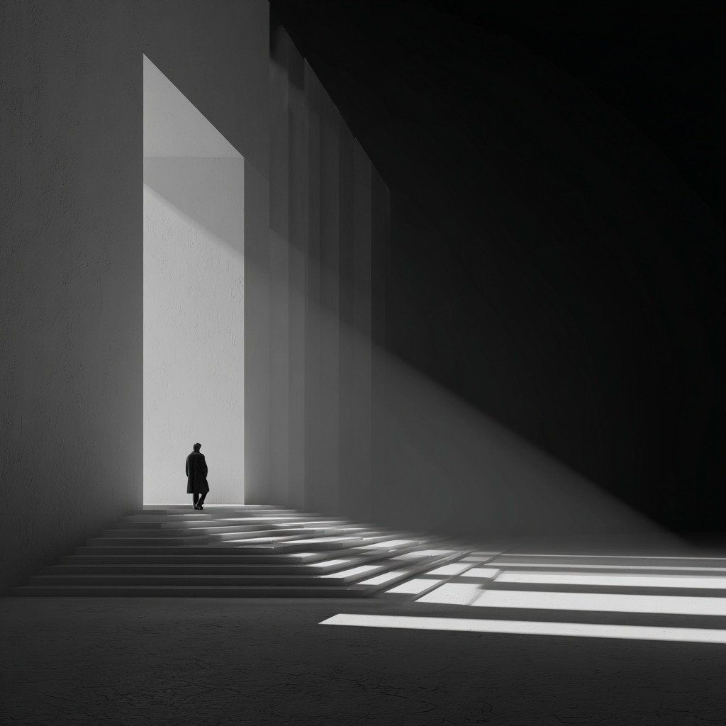 Black and white stairway with light and shadow