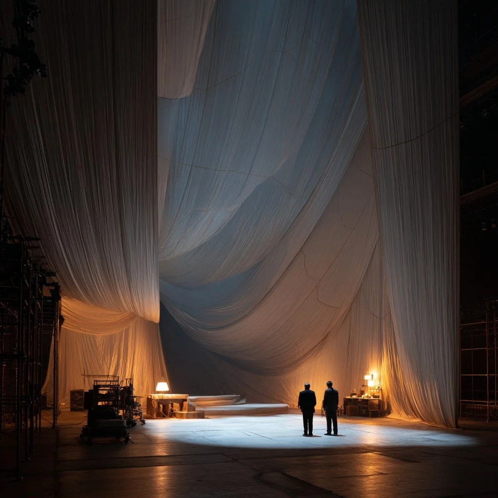 Draped stage set with two figures for theatre and opera development