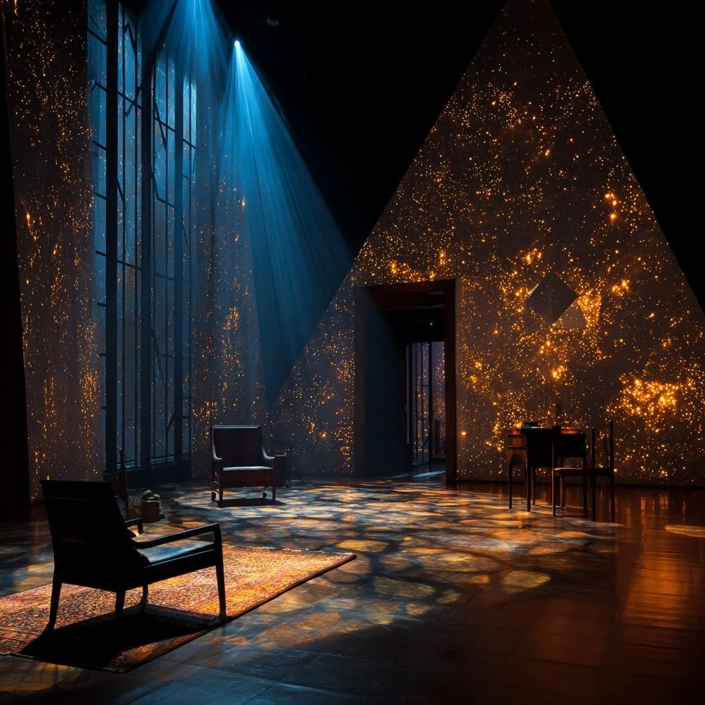 Stage set with blue light and gold projection for theatre production