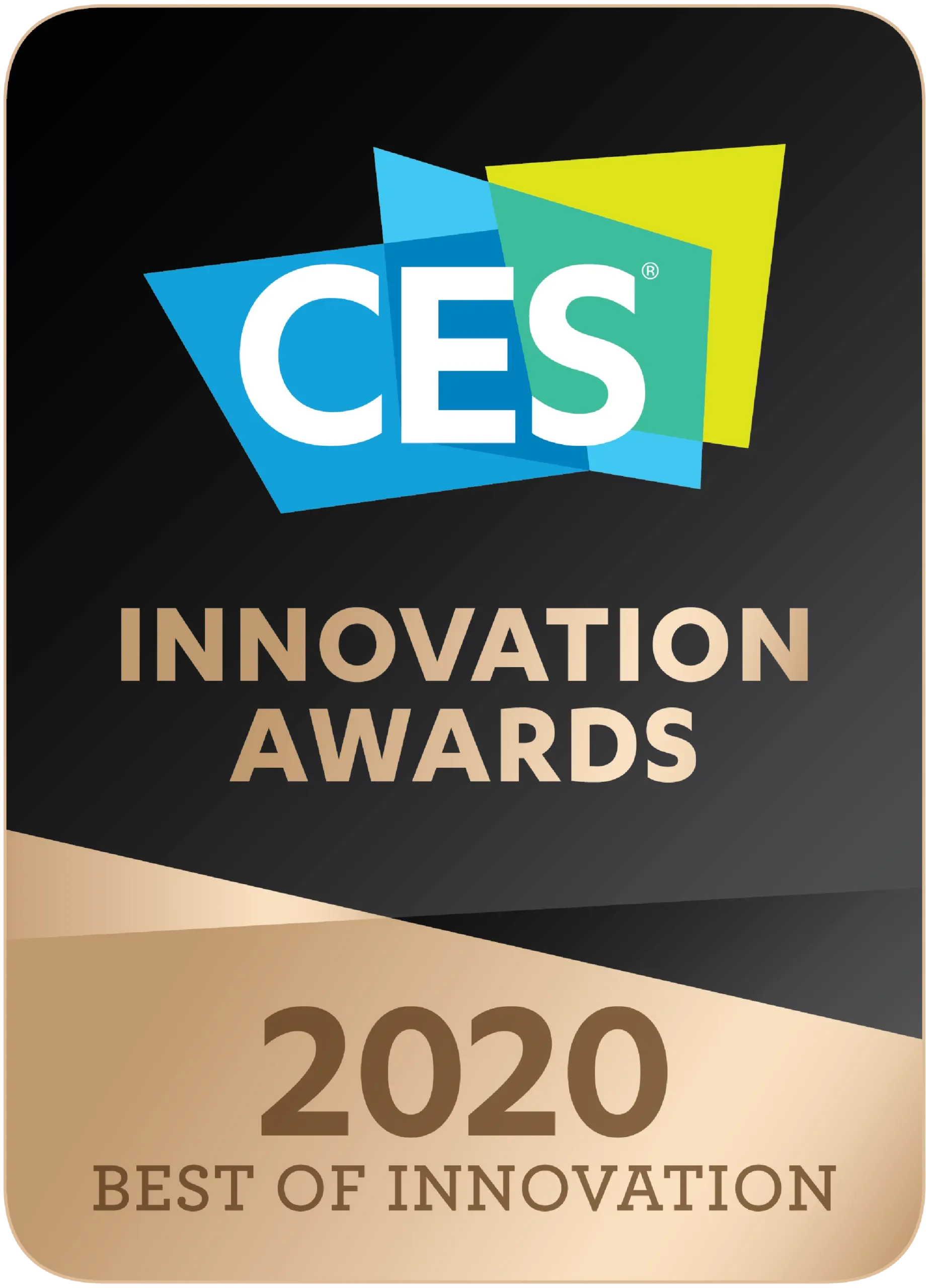 2020 CES Innovation Awards logo with black, gold, and beige background and bold text.