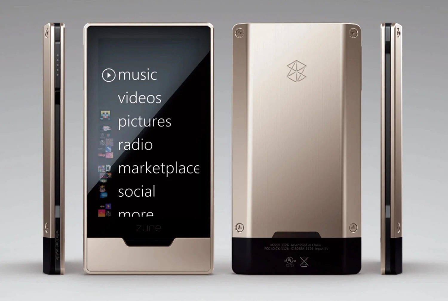 A modern MP3 player with a touchscreen display showing options like music, videos, pictures, radio, marketplace, social, and more, with a metallic gold finish on the back and sides.