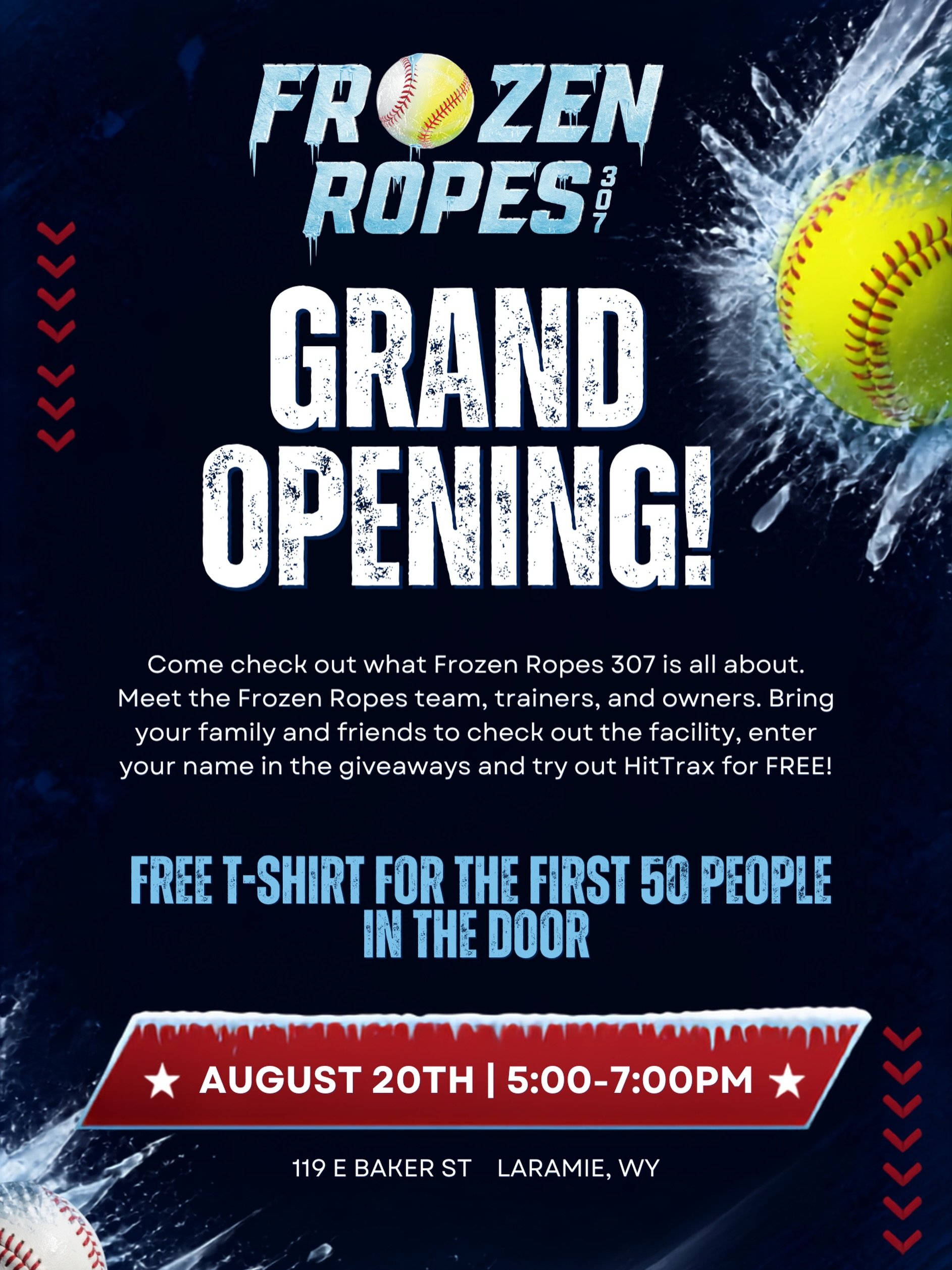 ⚾Grand Opening | August 20 | 5:00&ndash;7:00 PM🥎

📍 119 E Baker St, Laramie, WY

Come see what we&rsquo;ve been building! Meet the team, the trainers, and the owners &mdash; and get your first look at the space that&rsquo;s about to change the way 