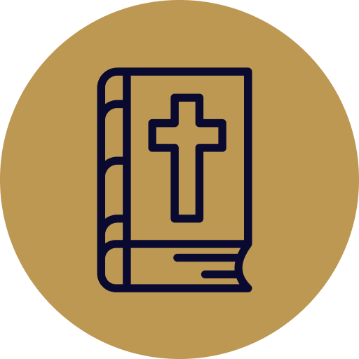 Icon of a Bible with a cross on the cover, rendered in dark blue on a gold circular background.