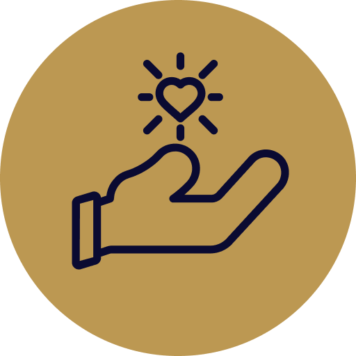 A hand with a heart symbol and spark rays above it on a circular brown background.