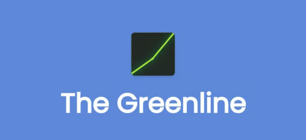 Blue background with a black square icon featuring a green upward trend line and the text "The Greenline" underneath.