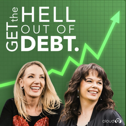 Two smiling women in front of a green financial chart with an upward arrow. The text says, 'Get the hell out of debt.'