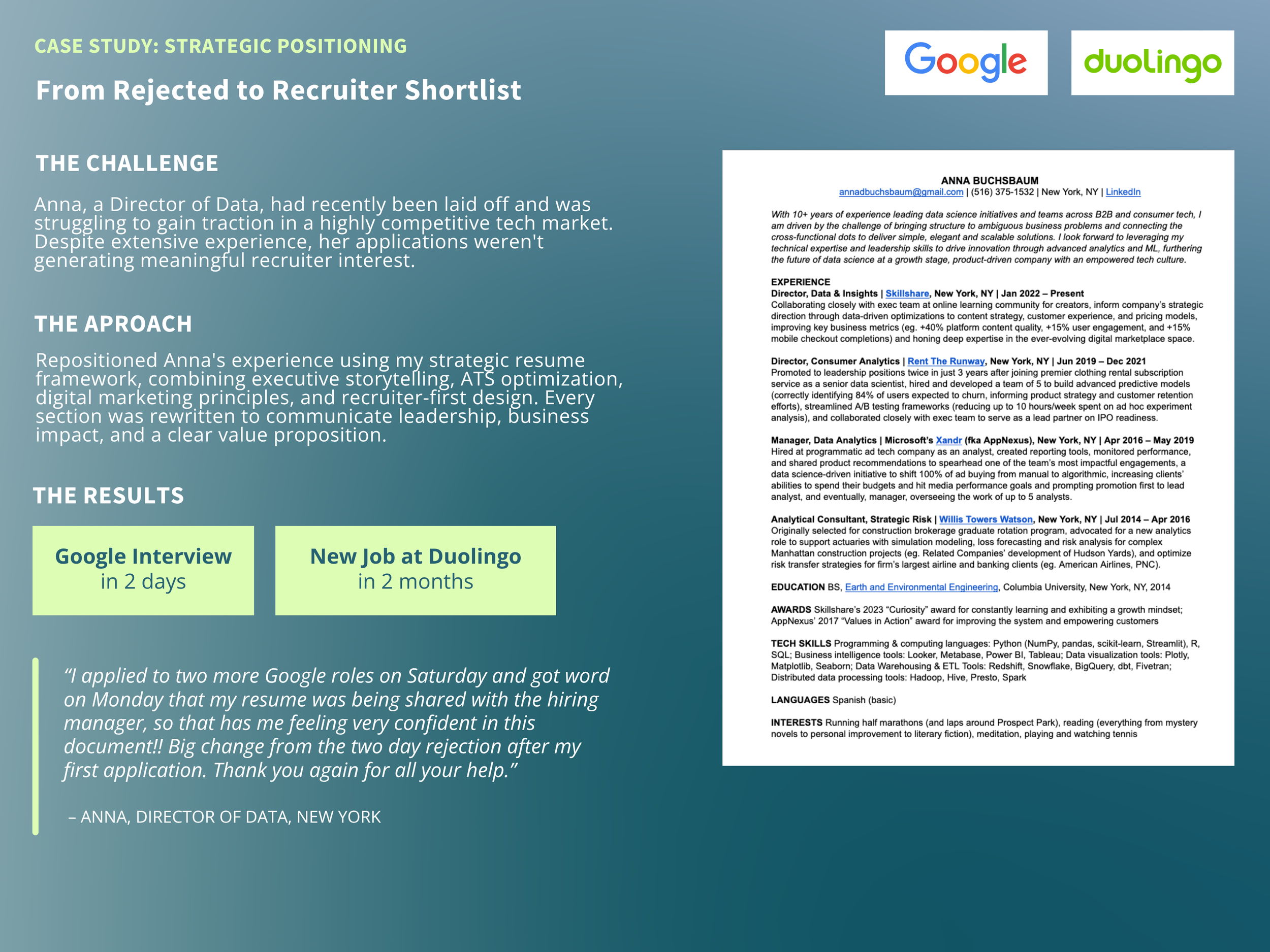 A digital infographic presenting a case study about strategic positioning, featuring the company logos of Google and Duolingo, and containing detailed text about the study, which includes headings such as The Challenge, The Approach, The Results, and