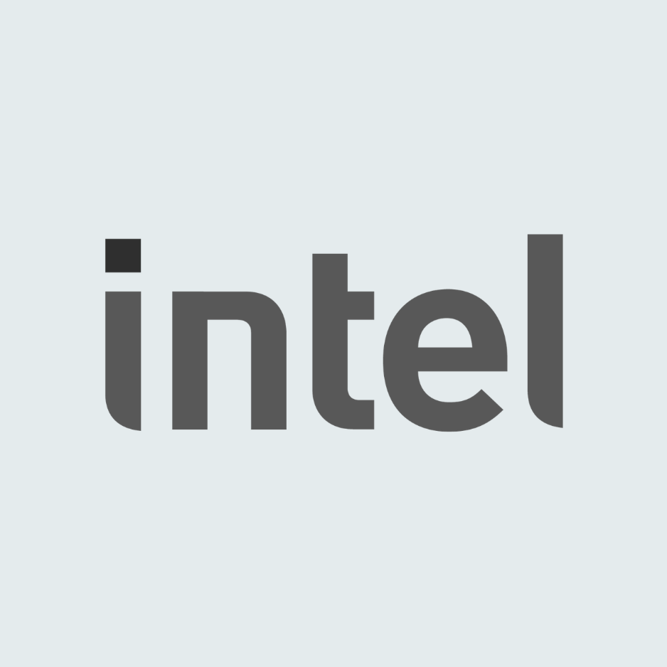 Intel logo. Past clients include Intel employees.