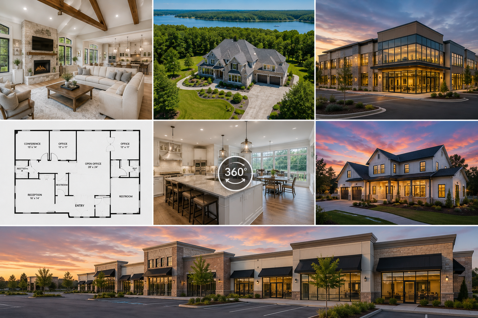 A collage of images showcasing a modern residential community. Includes an interior living room with a fireplace, aerial view of a house by a lake, exterior of a commercial building at sunset, a house at sunset, a floor plan of a building, a kitchen with island, a commercial shopping plaza with storefronts, and a white house at sunset.