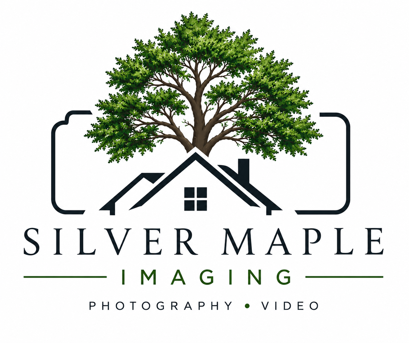 Logo for Silver Maple Imaging featuring a house with a chimney, surrounded by a large green tree, with the company name and services listed below.