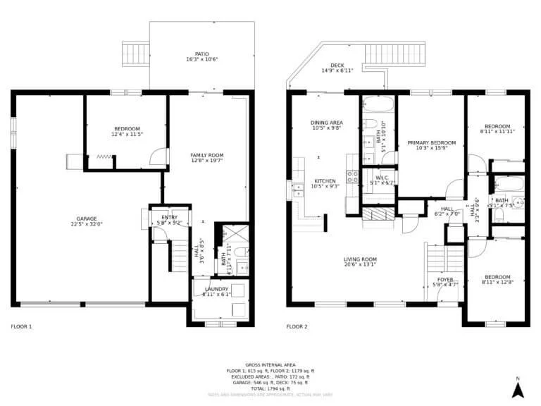 Floor plan of a two-story house showing various rooms including bedrooms, bathrooms, living and family rooms, kitchen, laundry, garage, and outdoor patio and deck areas.