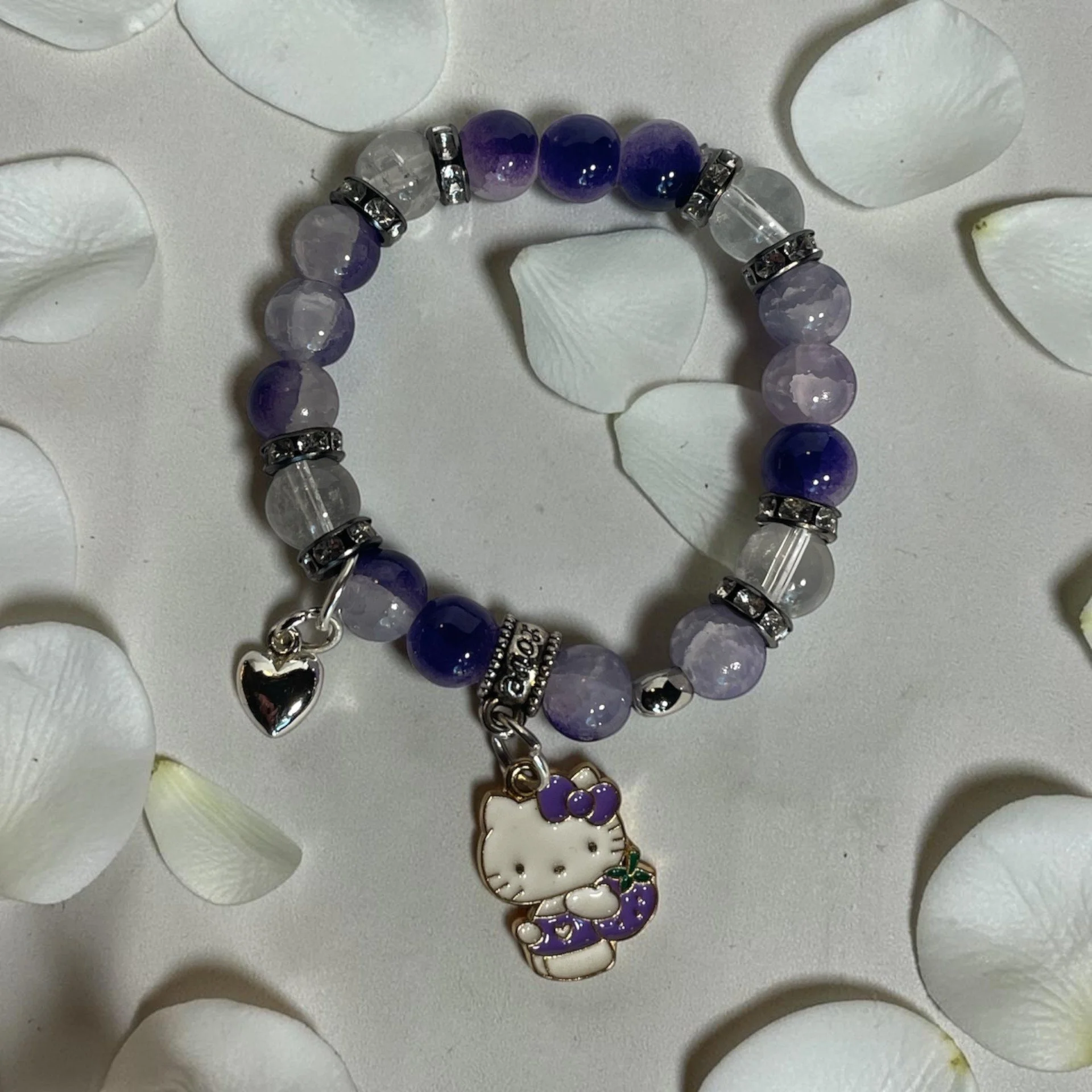 Hello Kitty Purple Charm Bracelet & Necklace Set – Lavender Beaded Cute Jewelry