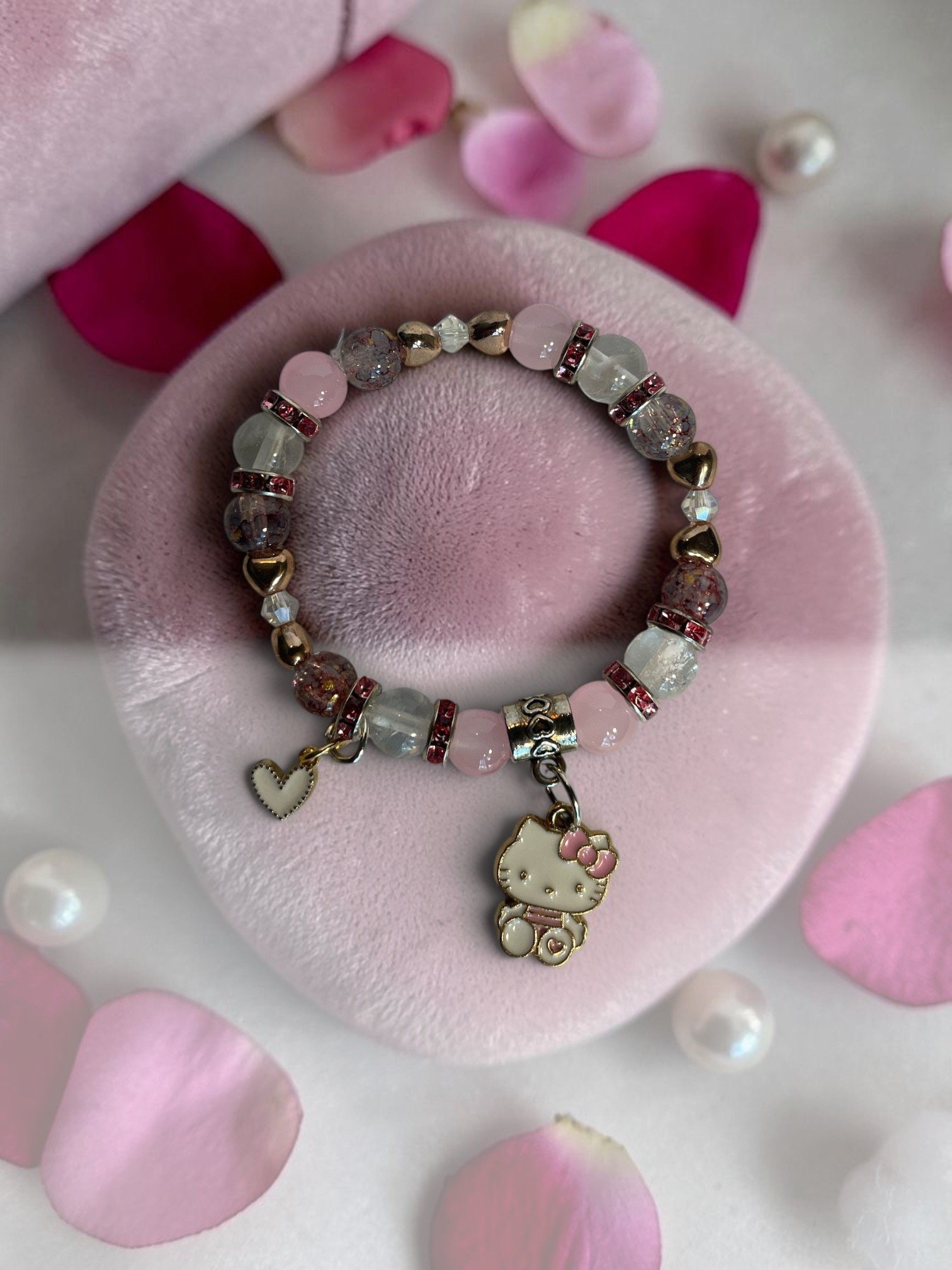 Blush Hello Kitty Charm Bracelet & Necklace Set – Pink Beaded Cute Jewelry