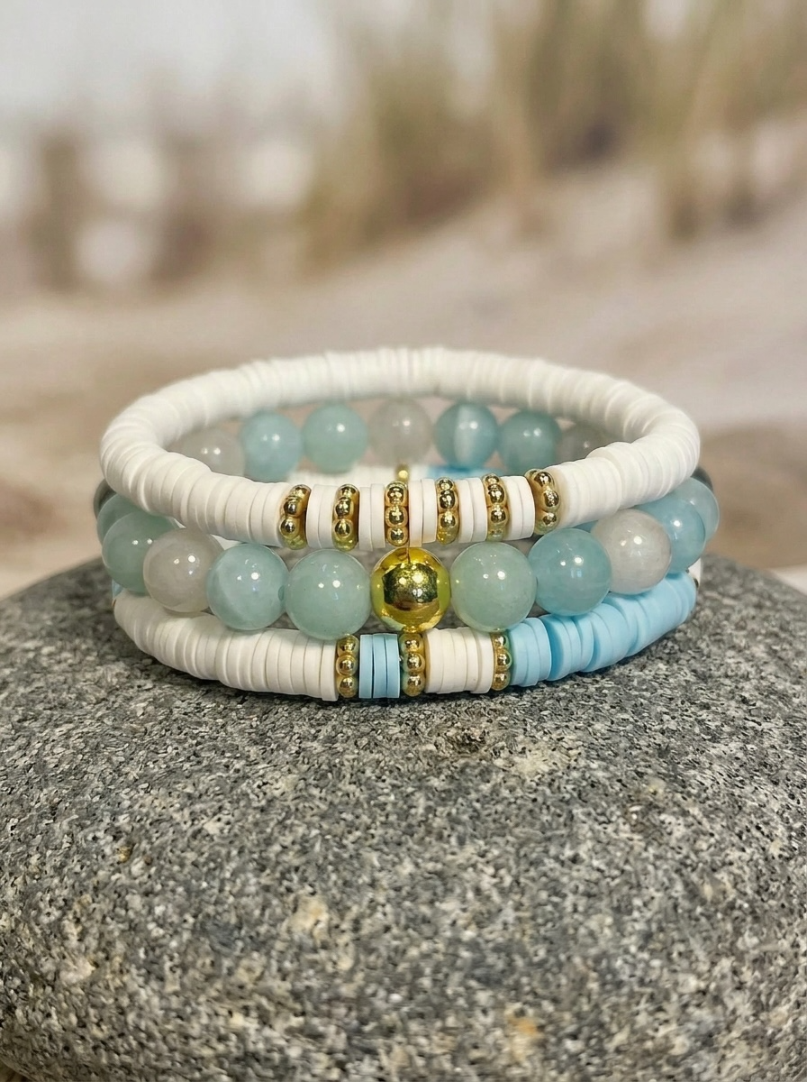 Mint & Cream Beaded Stretch Bracelet Set with amazonite 8mm beads and white and blue heishi beads