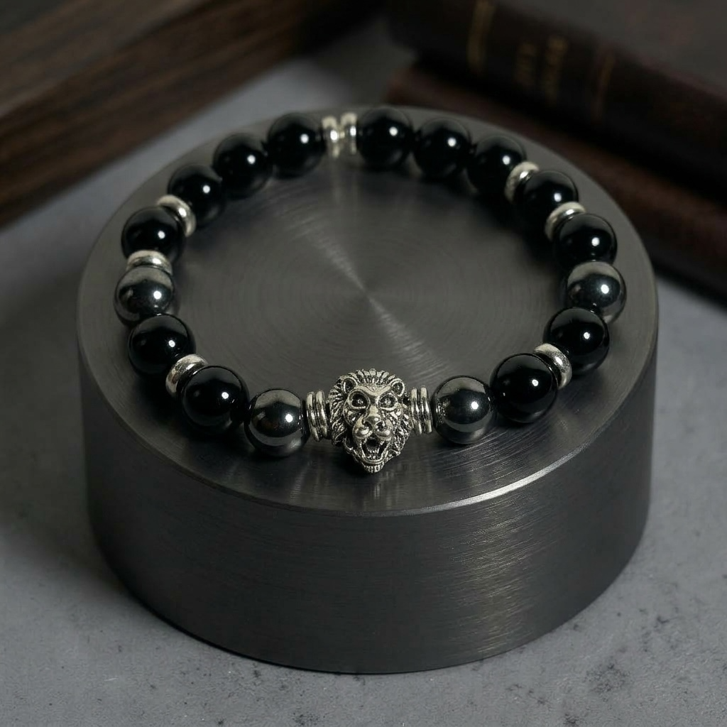 Black Onyx and Hematite Silver Lion Bracelet
