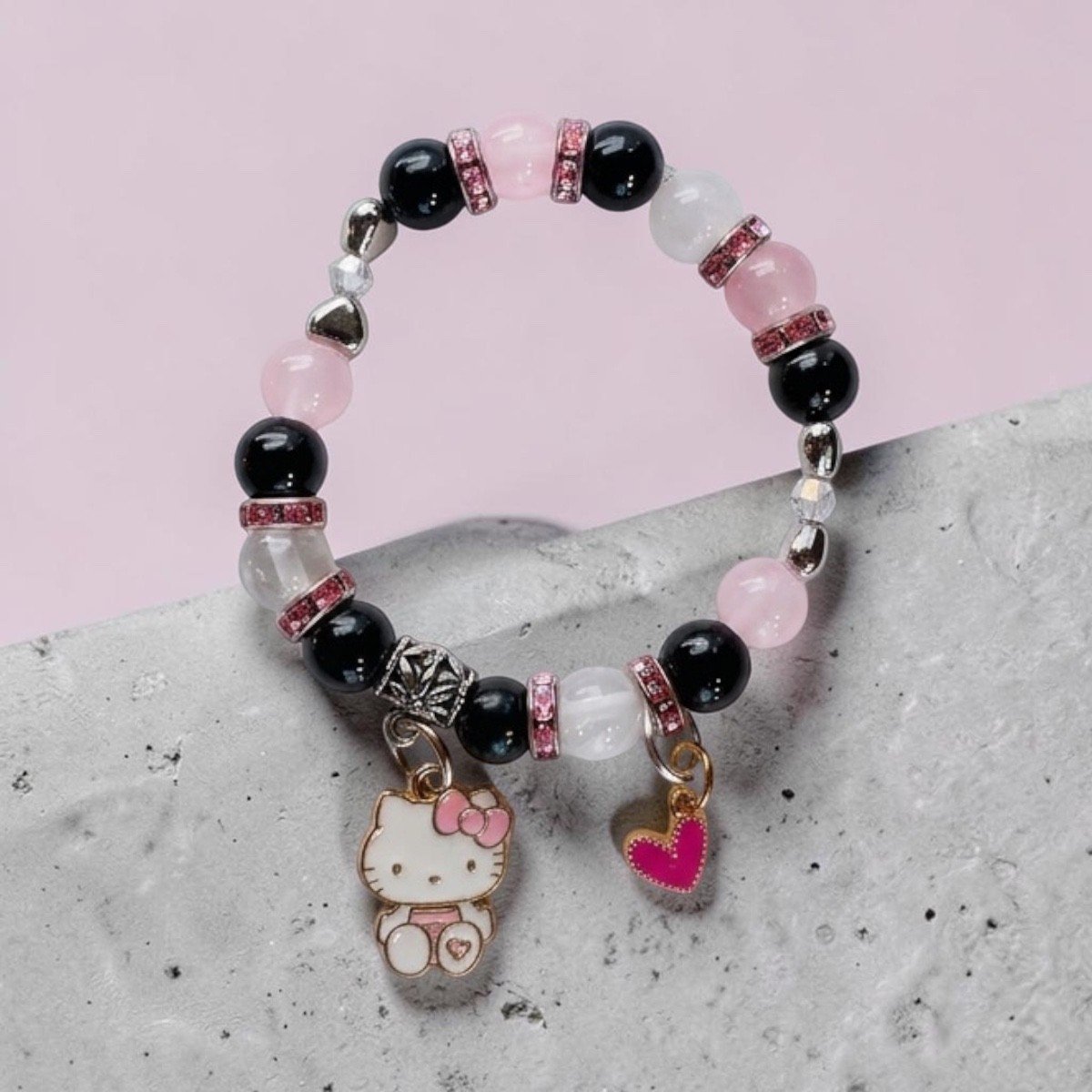 Hello Kitty Pink Charm Bracelet & Necklace Set – Cute Beaded Jewelry Gift