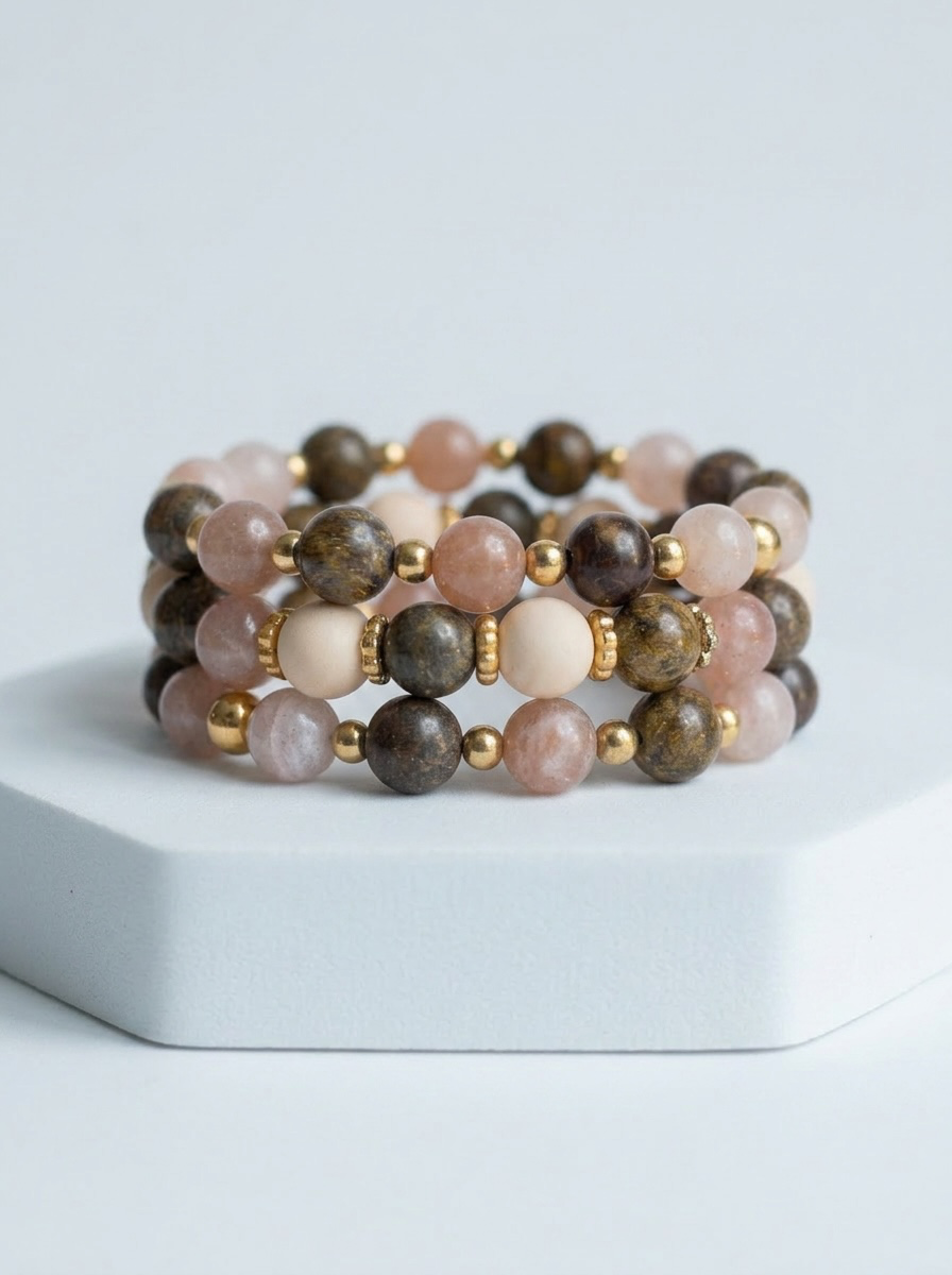 Bronzite, Matte Fossil Jasper & Sunstone Wrap Bracelet – 8mm Natural Stone Beads with Gold Accents