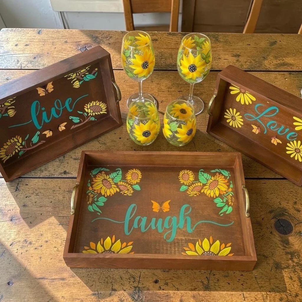 Hand-Painted Sunflower Wooden Nesting Serving Tray Set w/ Matching Glasses – “Live, Laugh, Love” (3 Trays + Choice of Stem or Stemless)