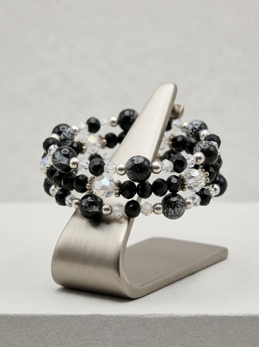Black & Silver Crystal Beaded Bracelet Set